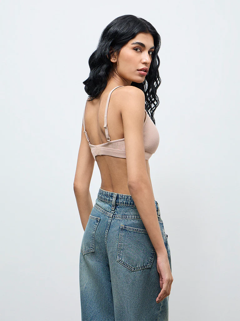 Superstar Taupe Waffle-Textured Cotton-Blend Padded Bra - Image 4