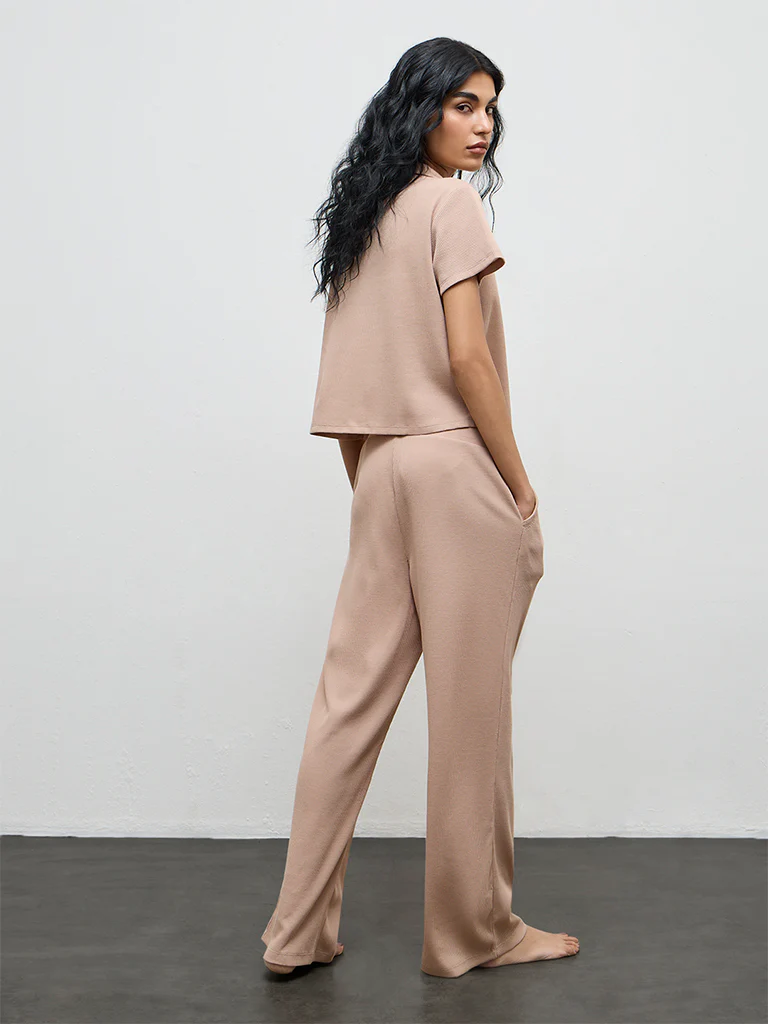 Superstar Taupe Waffle-Textured High-Rise Pants - Image 4