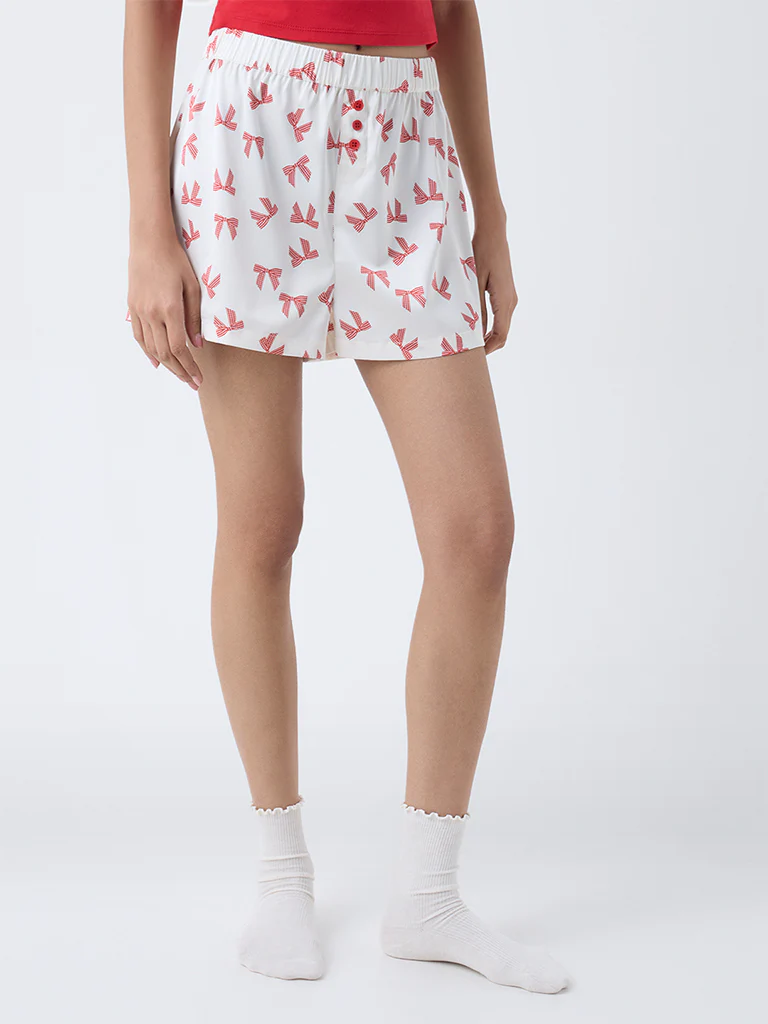 Superstar White Bow Printed High-Rise Shorts - Image 2