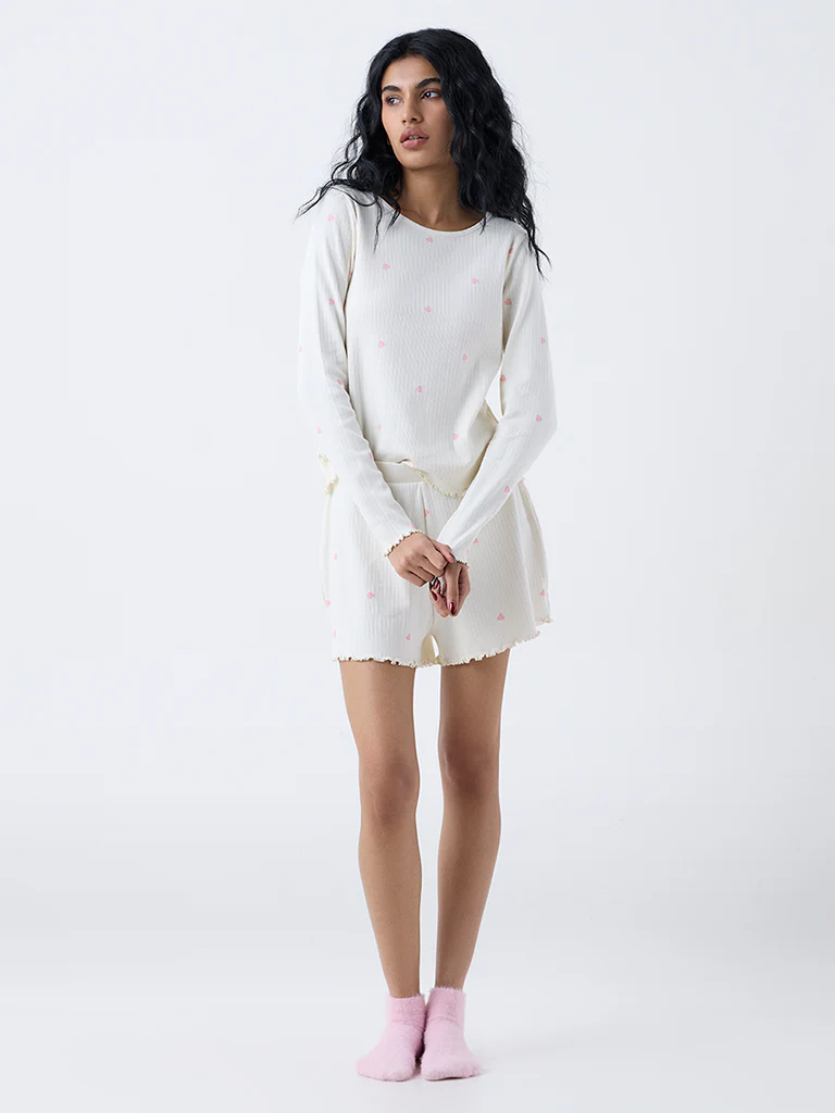 Superstar White Heart-Printed Cotton-Blend Top