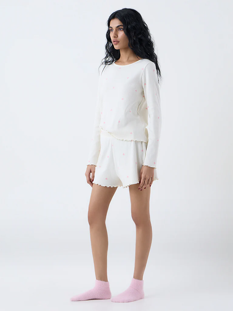 Superstar White Heart-Printed High-Rise Cotton-Blend Shorts
