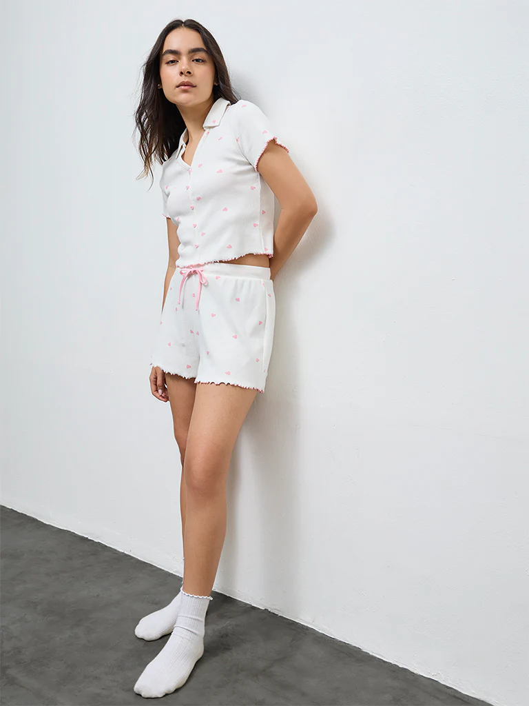 Superstar White Heart Printed High-Rise Cotton-Blend Shorts