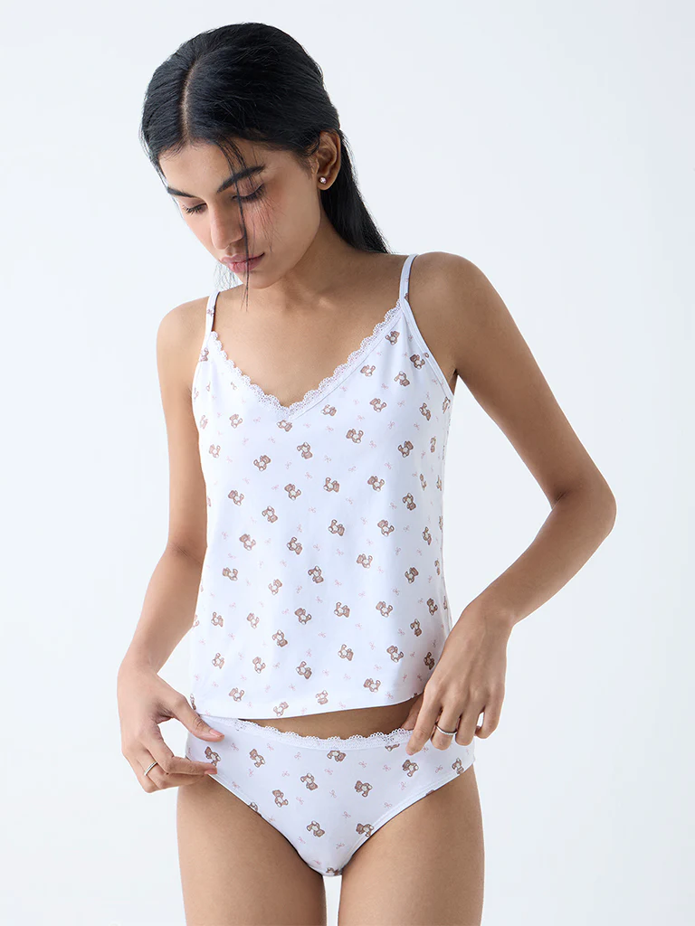 Superstar White Printed Cotton-Blend Camisoles - Pack of 2