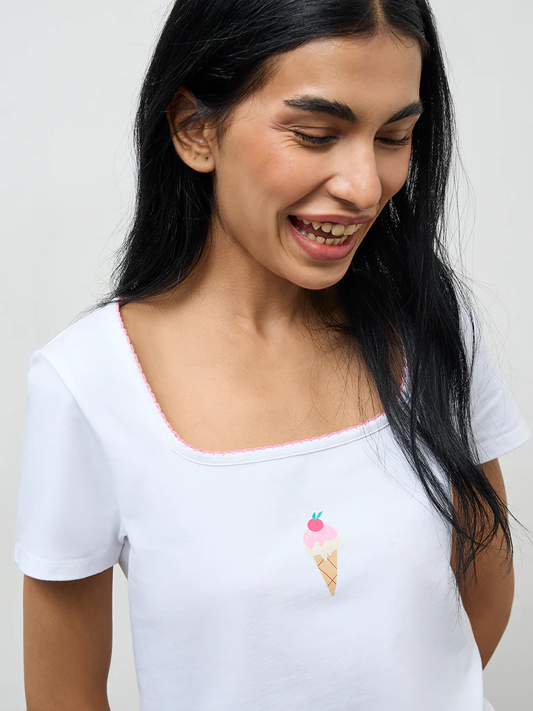 Superstar White Printed Cotton-Blend Top