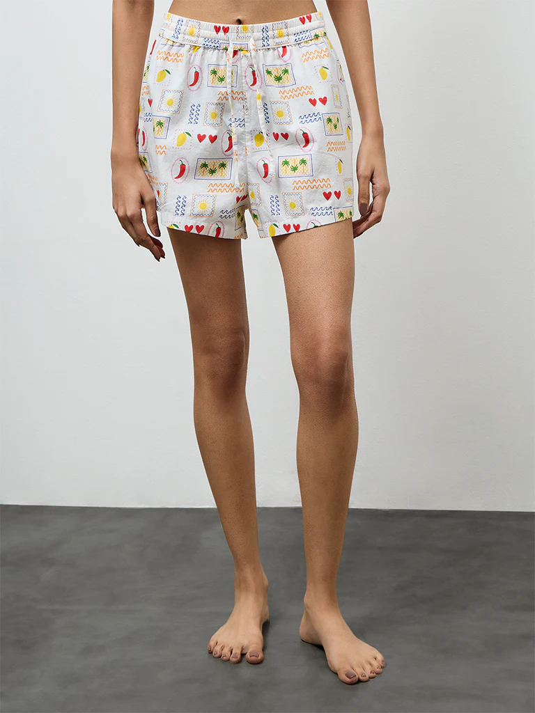 Superstar White Printed High-Rise Cotton Shorts - Image 2