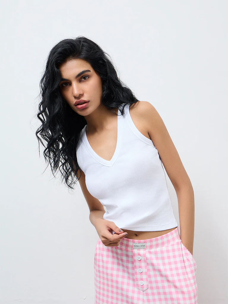 Superstar White Ribbed Cotton-Blend Tank Top