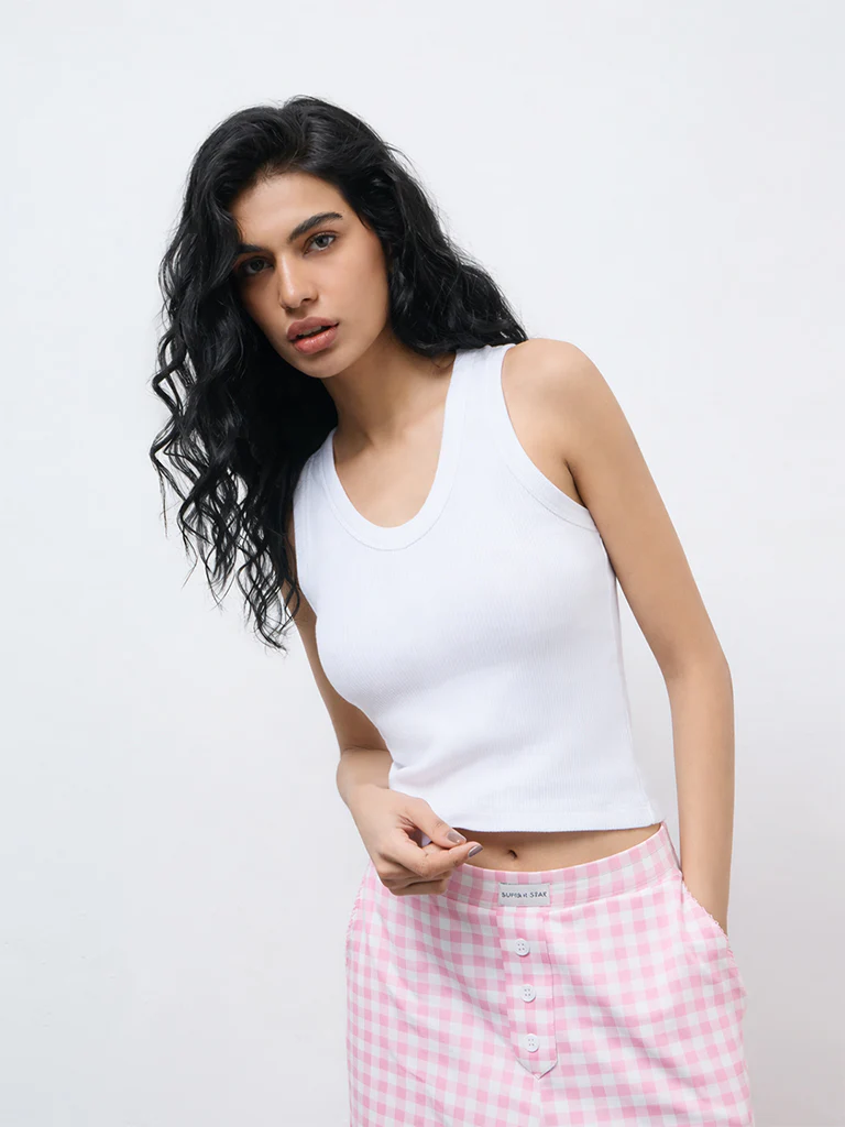 Superstar White Ribbed Cotton-Blend Tank Top - Image 2