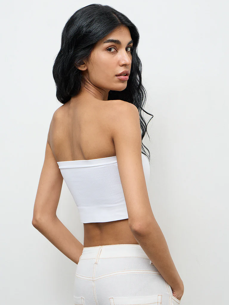 Superstar White Ribbed Seamfree Padded Bandeau Bra - Image 4