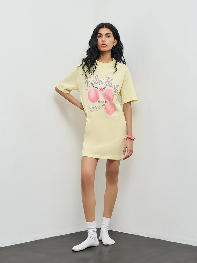 Superstar Yellow Graphic Printed Cotton T-Shirt Dress