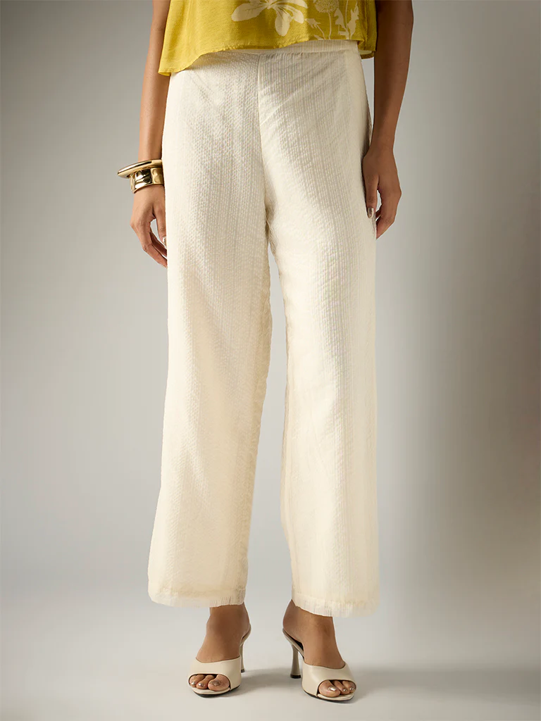 Textured Straight-Leg Pants – Ivory