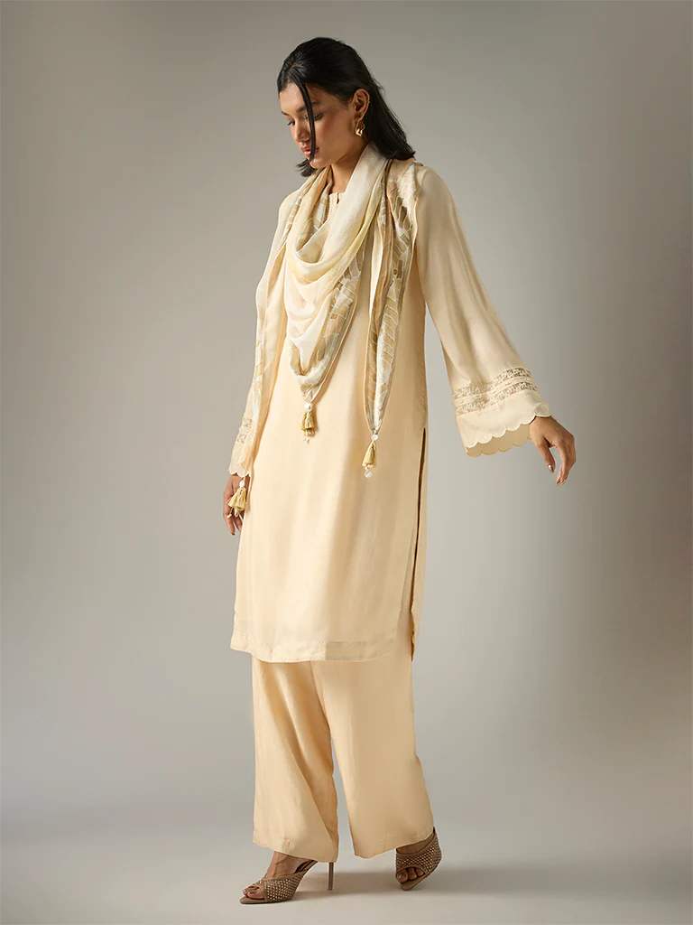 Three Piece Kurta Set – Cream - Image 2