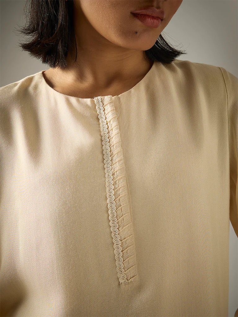 Three Piece Kurta Set – Cream - Image 3