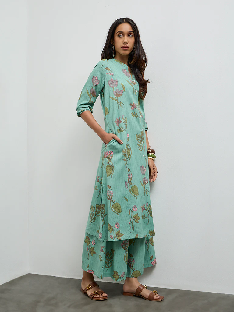 Utsa Aqua Botanical Design A-Line Kurta - Image 2