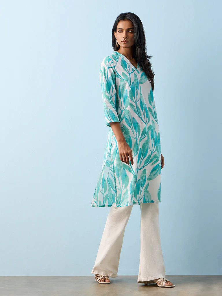 Utsa Aqua Botanical Printed Cotton Straight Kurta - Image 2