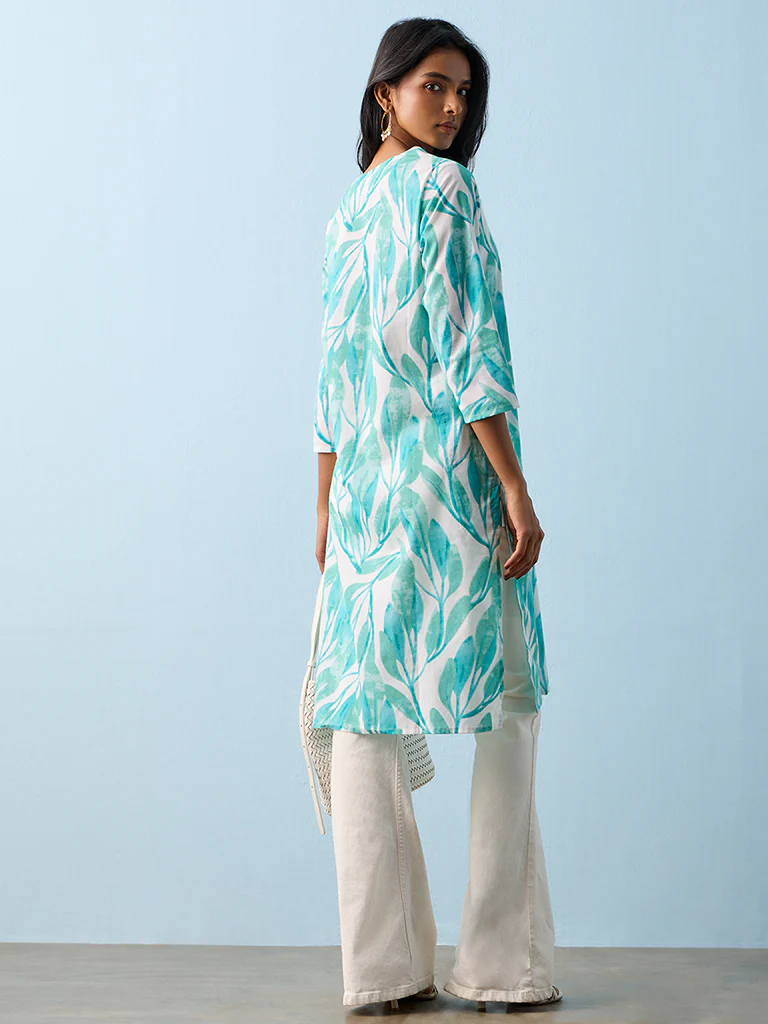 Utsa Aqua Botanical Printed Cotton Straight Kurta - Image 4