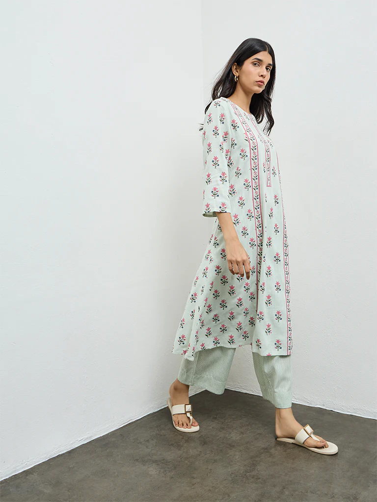 Utsa Aqua Floral A-Line Kurta - Image 2