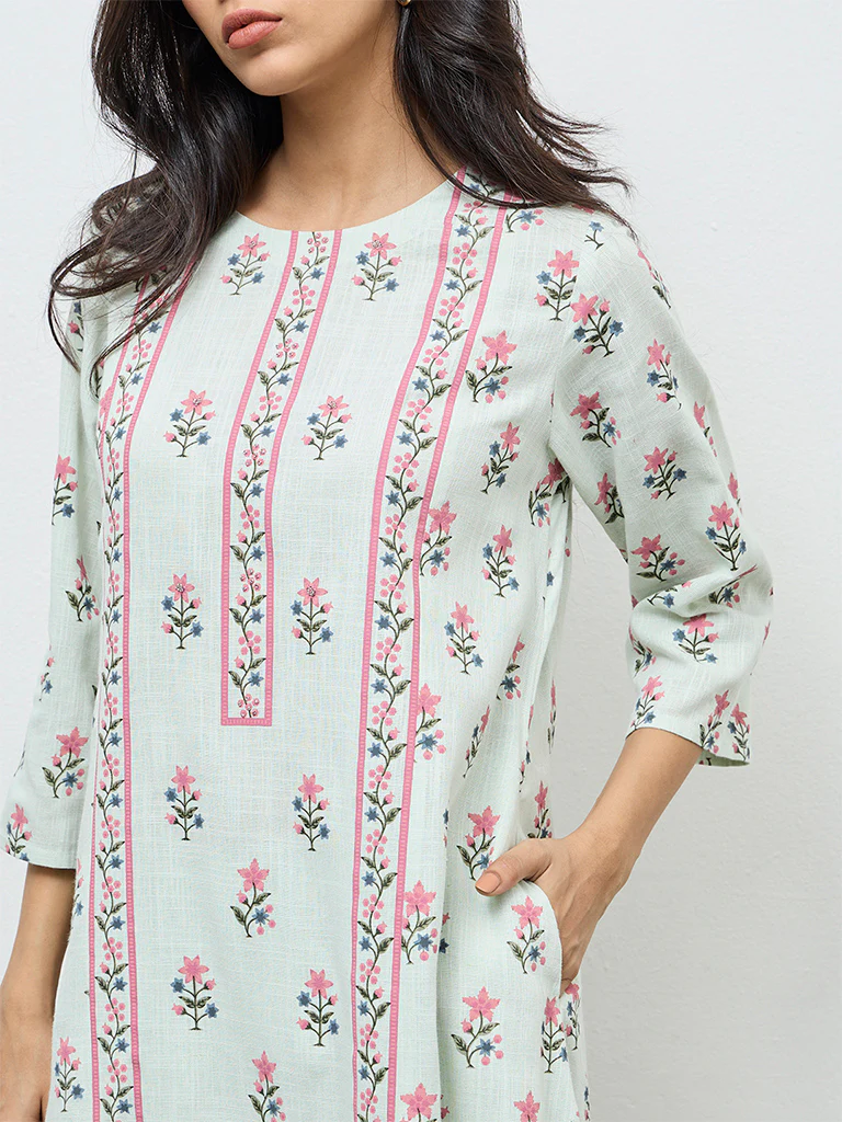 Utsa Aqua Floral A-Line Kurta - Image 3