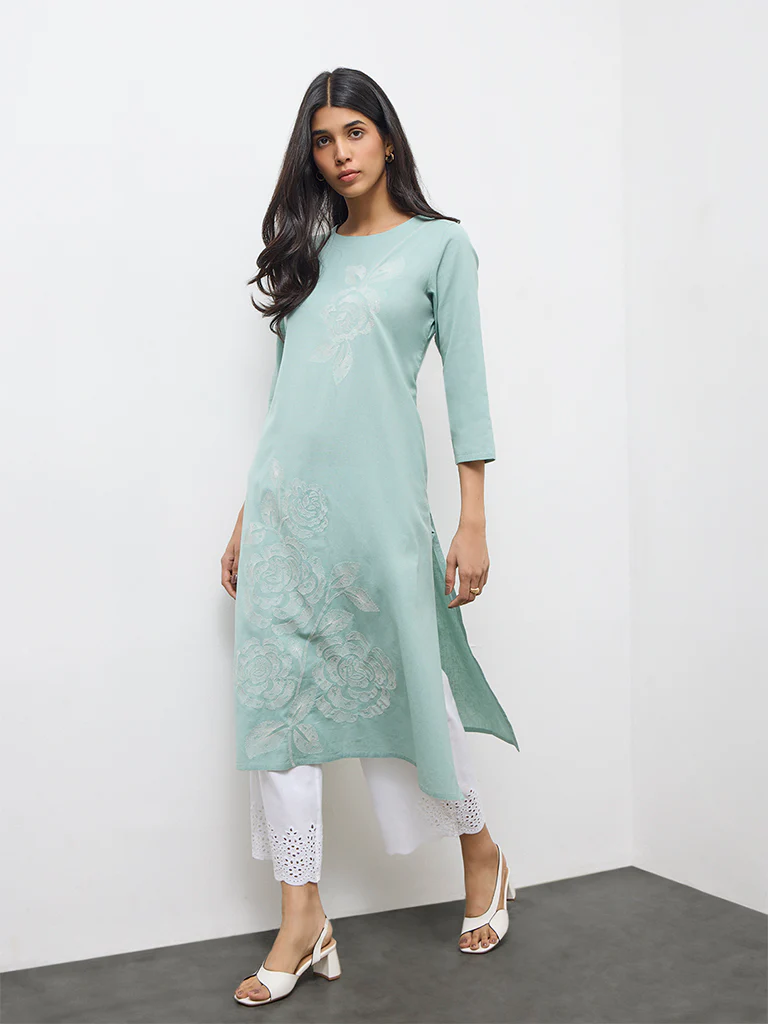 Utsa Aqua Floral Embroidered Cotton-Blend A-Line Kurta - Image 2