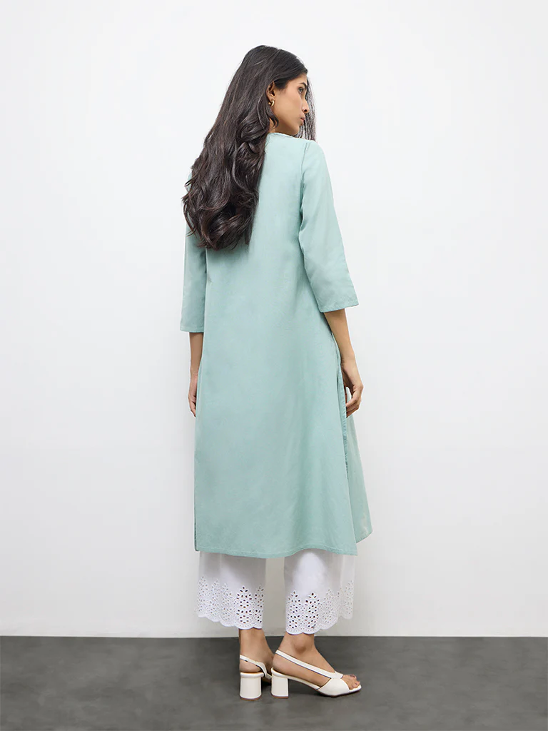 Utsa Aqua Floral Embroidered Cotton-Blend A-Line Kurta - Image 4