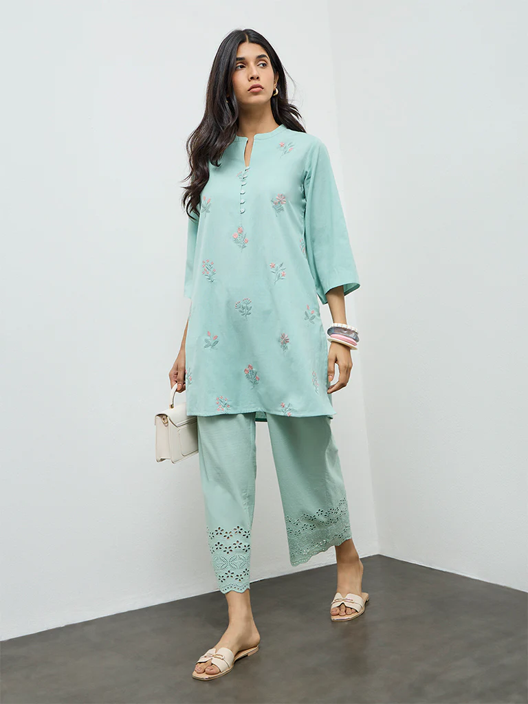 Utsa Aqua Floral Embroidered Cotton-Blend Straight Kurta - Image 2