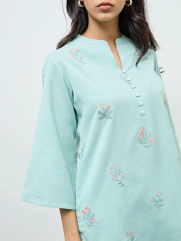 Utsa Aqua Floral Embroidered Cotton-Blend Straight Kurta - Image 3