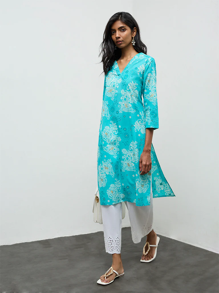 Utsa Aqua Floral Pattern Straight Cotton Kurta - Image 2