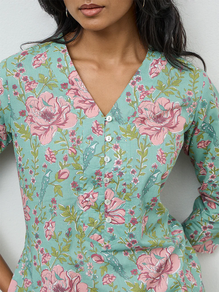Utsa Aqua Floral Printed Cotton Straight Kurta - Image 3