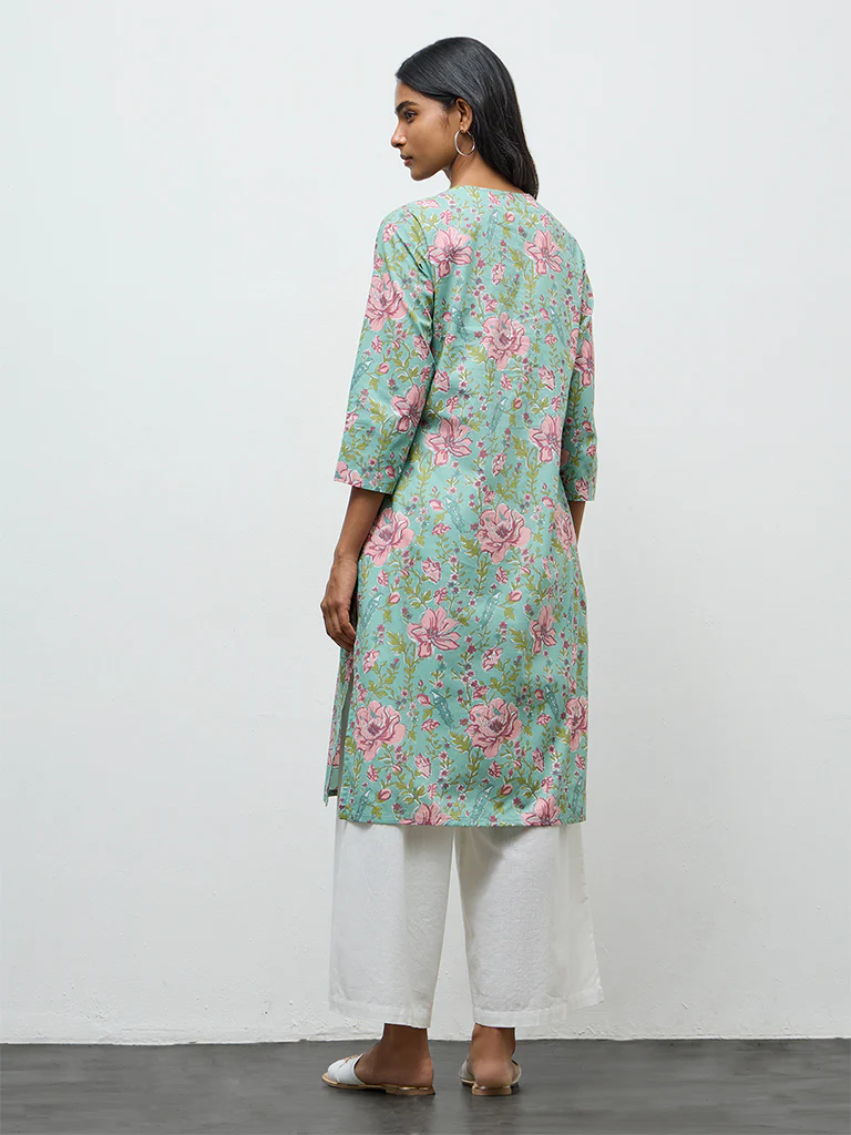 Utsa Aqua Floral Printed Cotton Straight Kurta - Image 4
