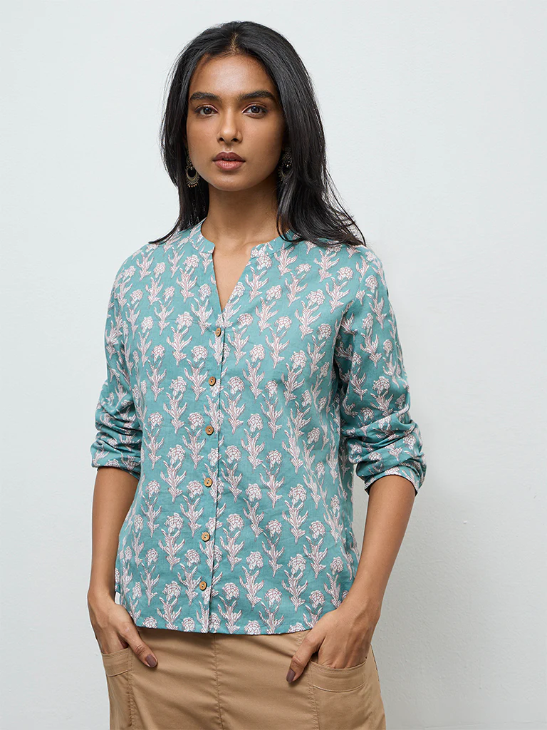 Utsa Aqua Floral Printed Cotton Tunic