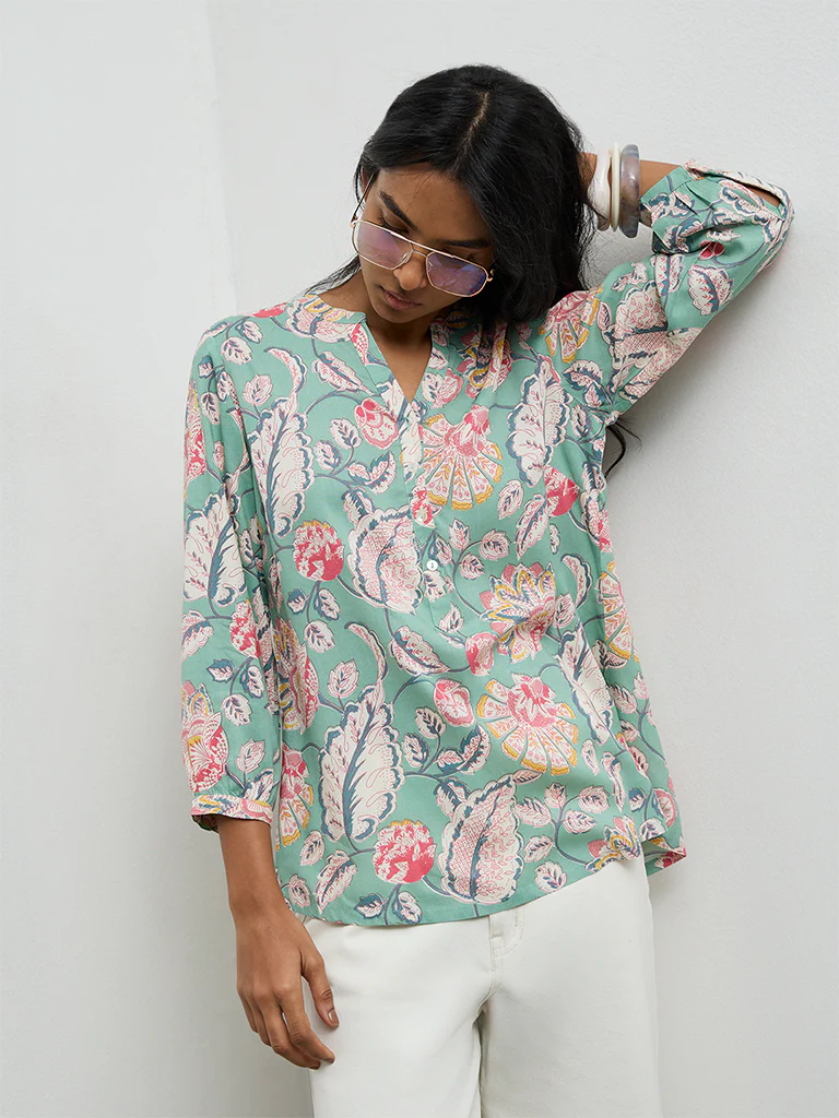 Utsa Aqua Floral Printed Tunic - Image 2