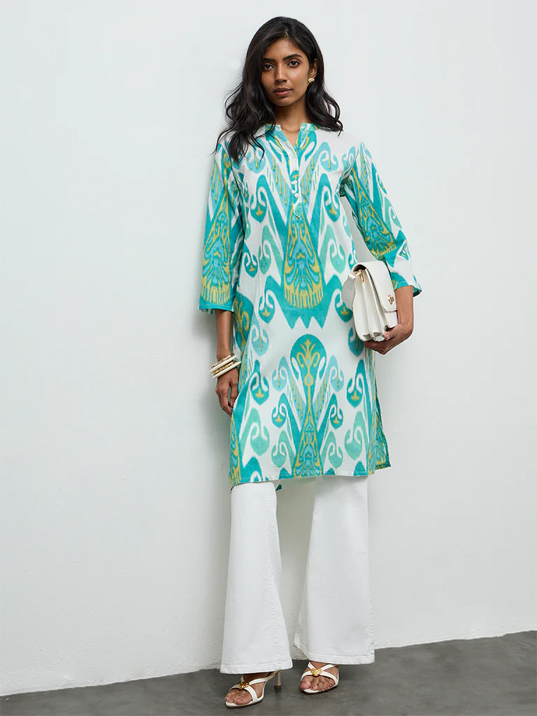 Utsa Aqua Printed A-Line Cotton Kurta - Image 2