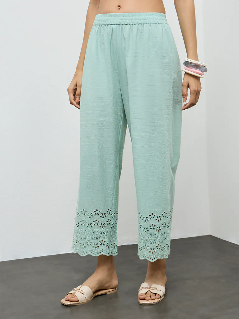 Utsa Aqua Schiffli Embroidered Cotton-Blend Pants