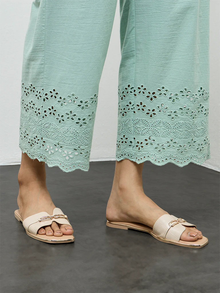 Utsa Aqua Schiffli Embroidered Cotton-Blend Pants - Image 3