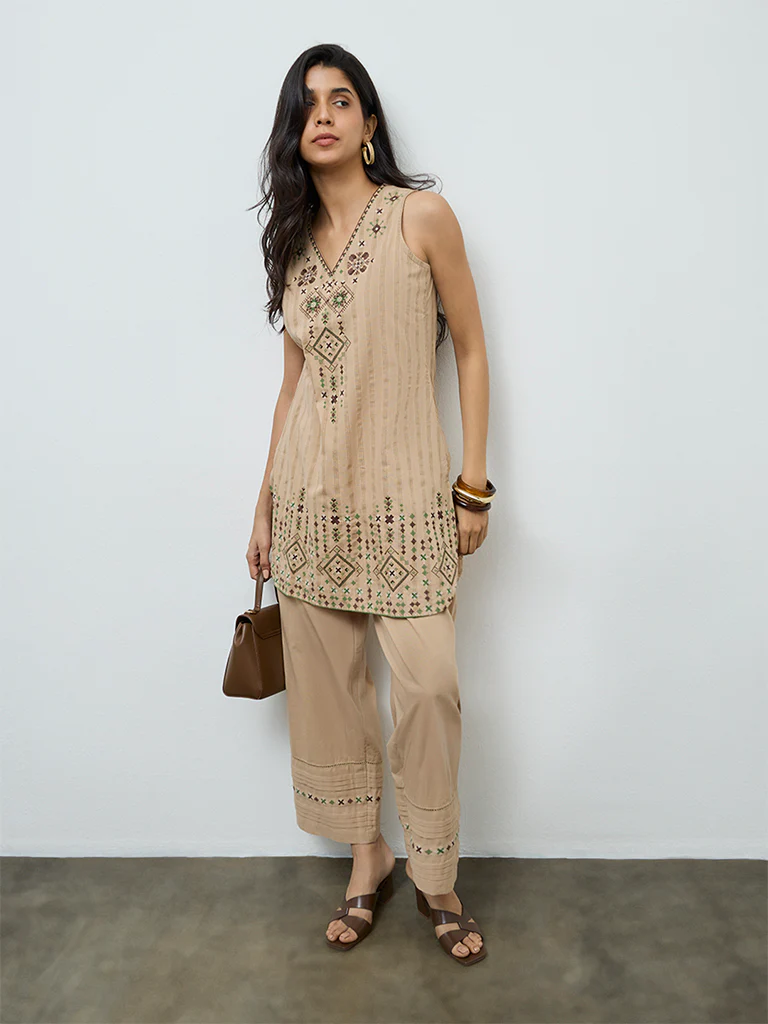 Utsa Beige Aztec Embroidered Cotton-Blend Straight Kurti - Image 2