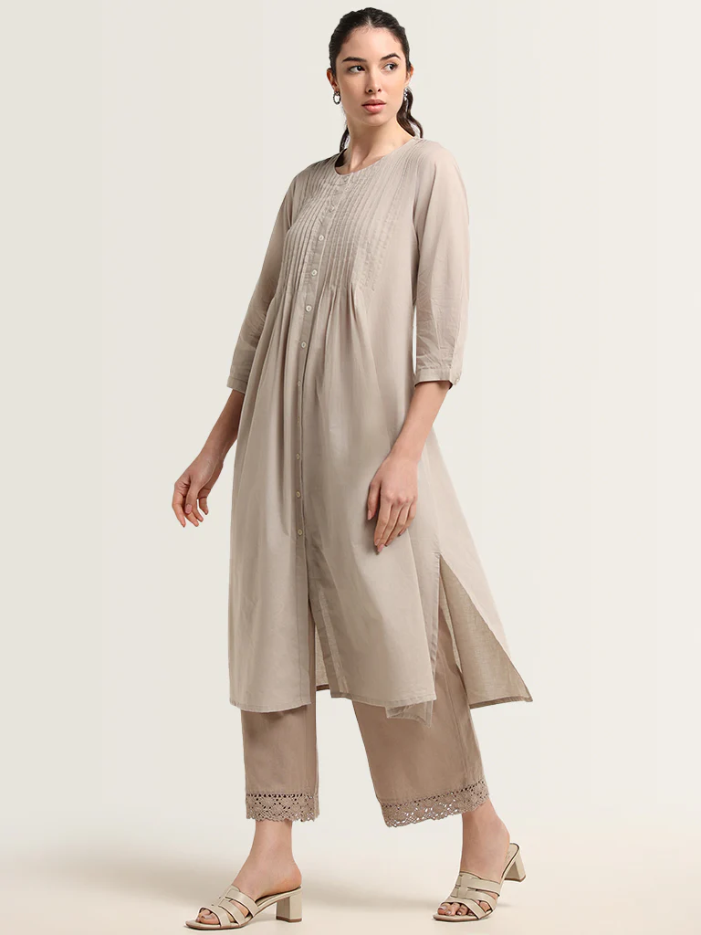 Utsa Beige Crochet-Detailed Cotton Ethnic Pants - Image 2