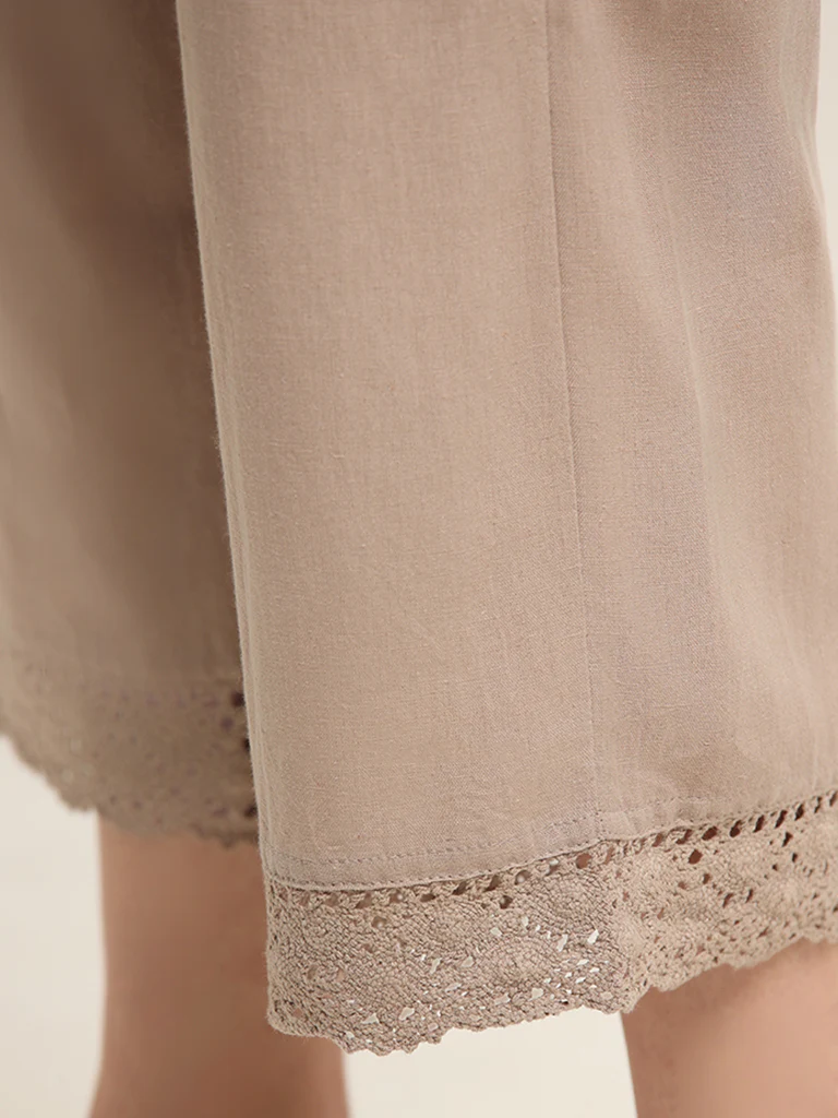Utsa Beige Crochet-Detailed Cotton Ethnic Pants - Image 3