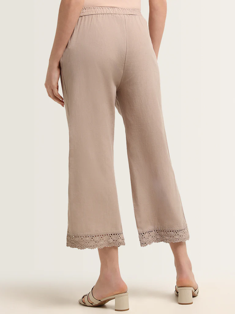 Utsa Beige Crochet-Detailed Cotton Ethnic Pants - Image 4