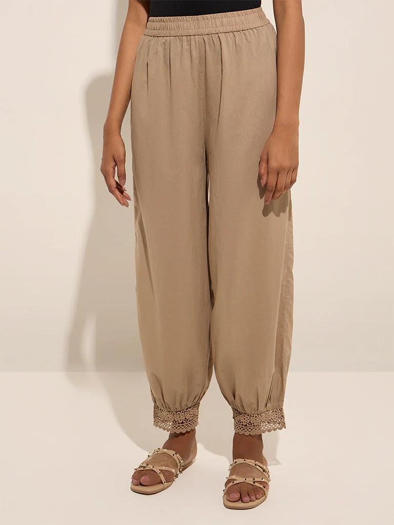 Utsa Beige Crochet-Detailed Harem-Style Cotton Pants - Image 2
