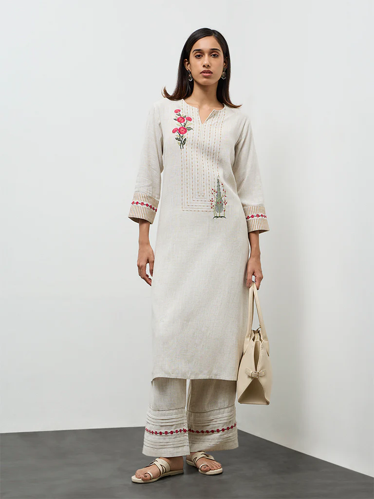 Utsa Beige Embroidered Cotton A-Line Kurta