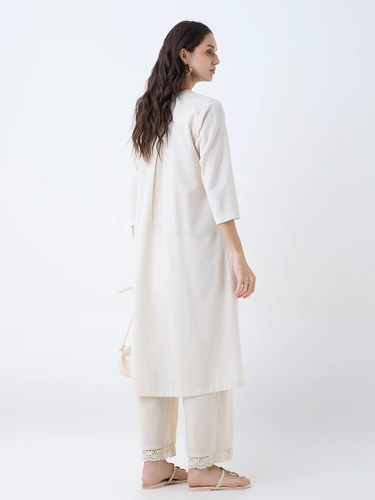 Utsa Beige Embroidered Cotton-Blend A-Line Kurta - Image 4