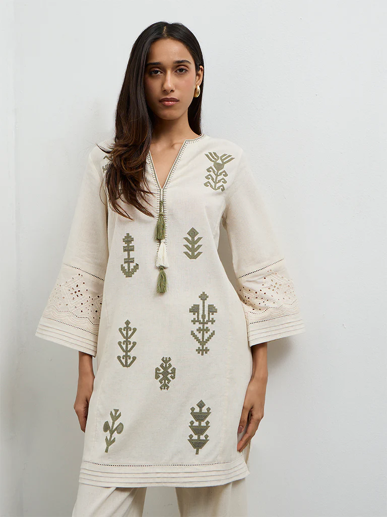 Utsa Beige Embroidered Cotton-Blend A-Line Kurta