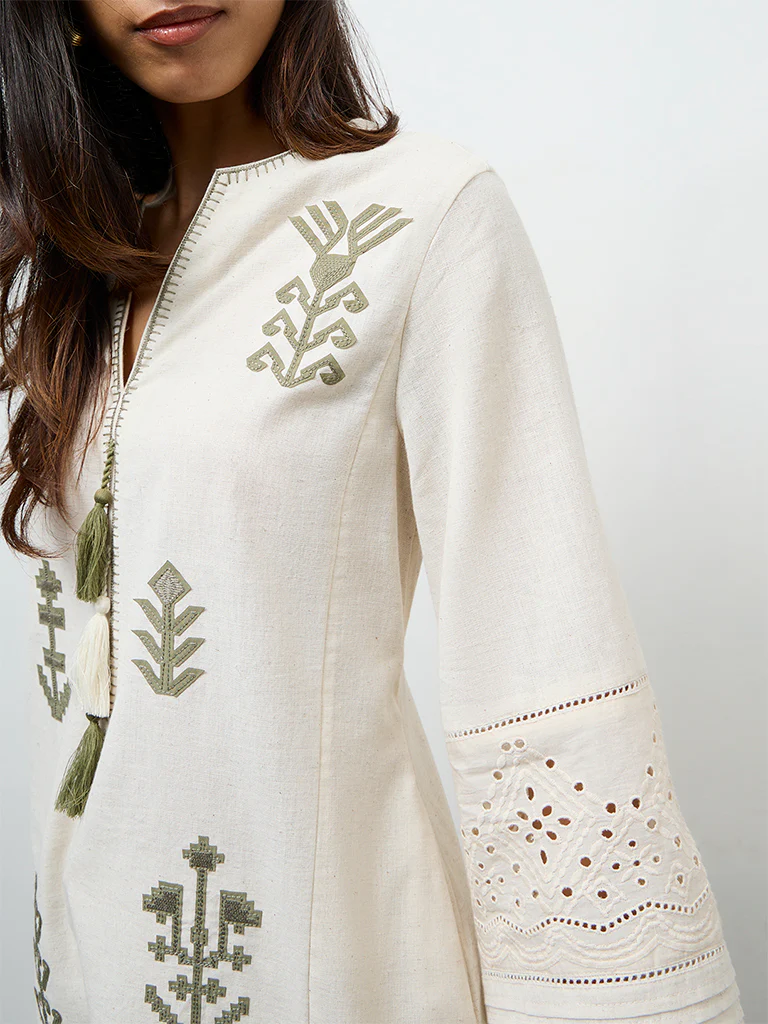 Utsa Beige Embroidered Cotton-Blend A-Line Kurta - Image 3