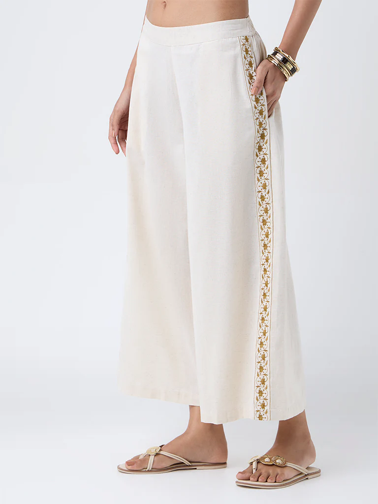 Utsa Beige Embroidered Cotton-Blend Palazzos