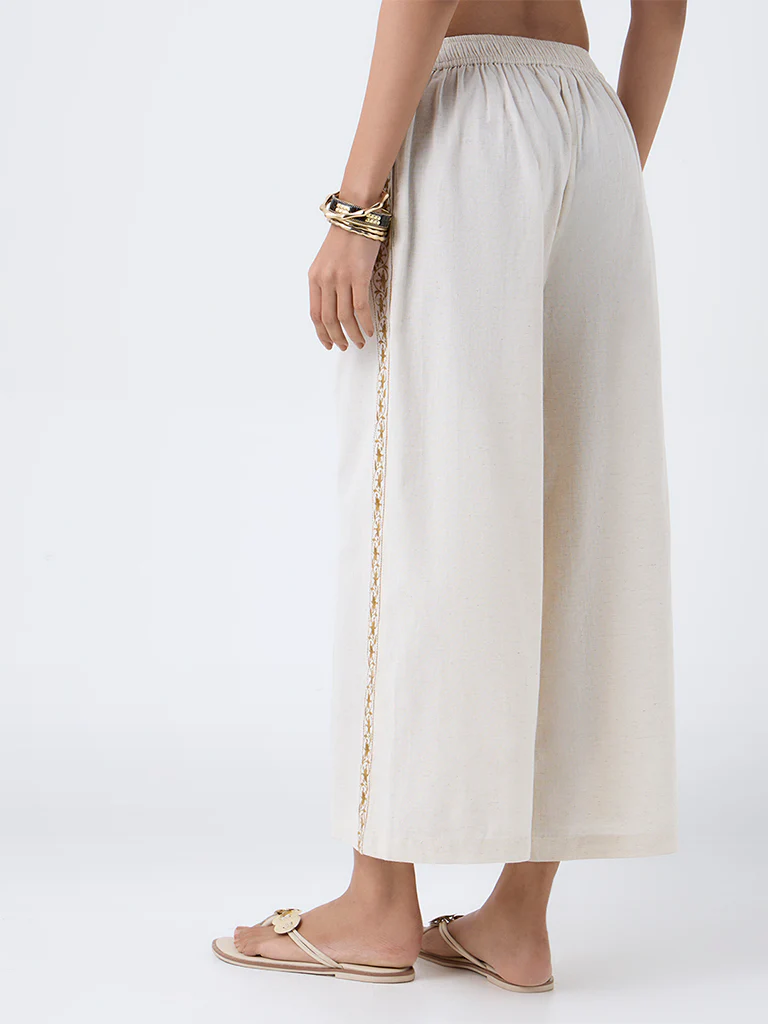 Utsa Beige Embroidered Cotton-Blend Palazzos - Image 4