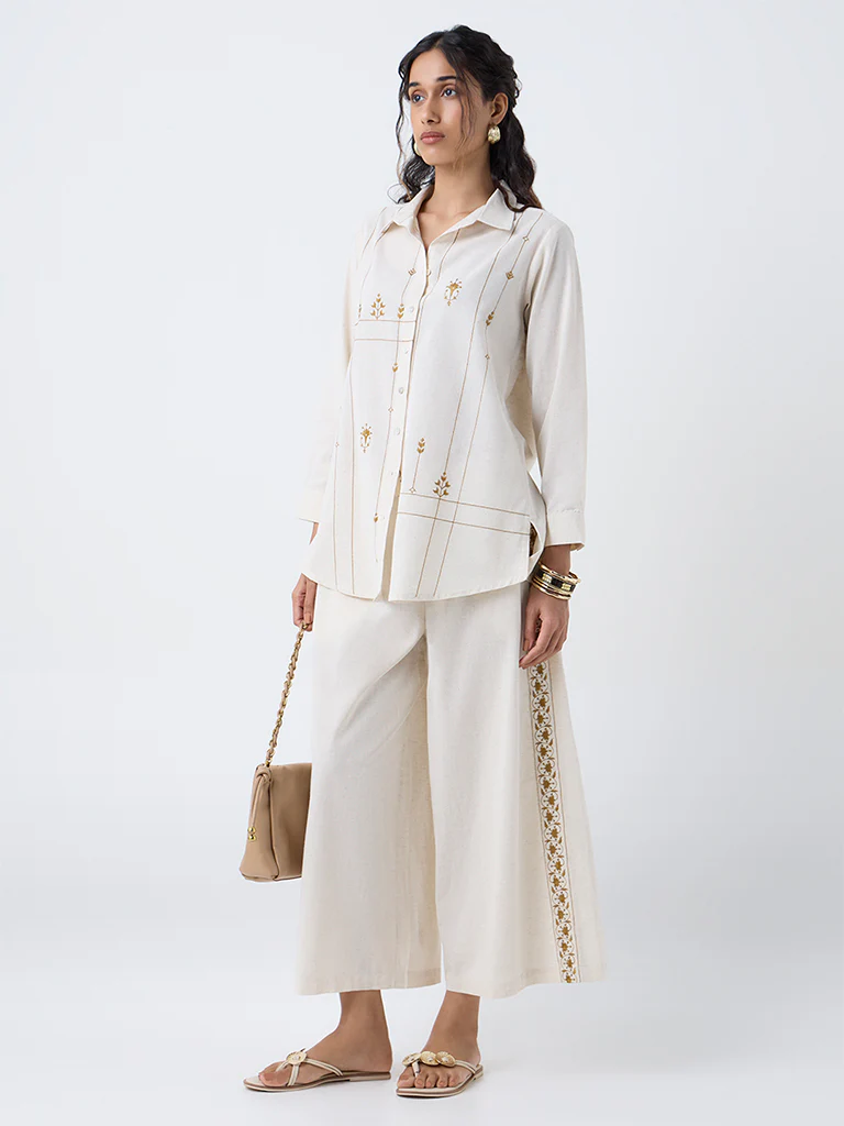 Utsa Beige Embroidered Cotton-Blend Tunic - Image 2