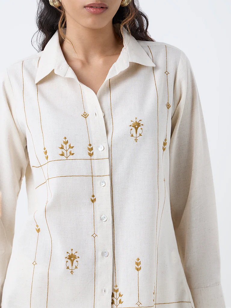 Utsa Beige Embroidered Cotton-Blend Tunic - Image 3