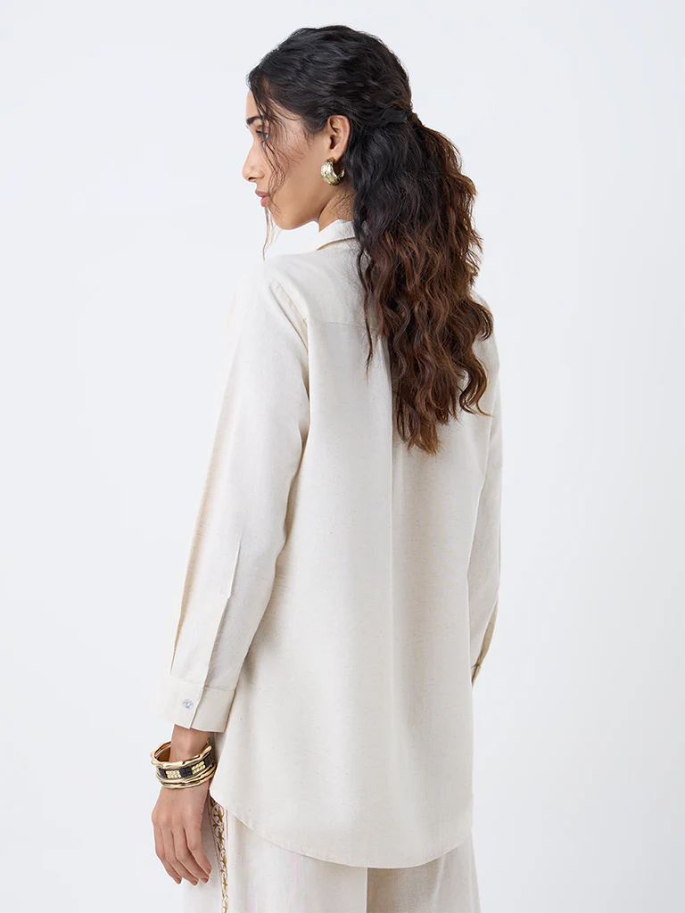 Utsa Beige Embroidered Cotton-Blend Tunic - Image 4