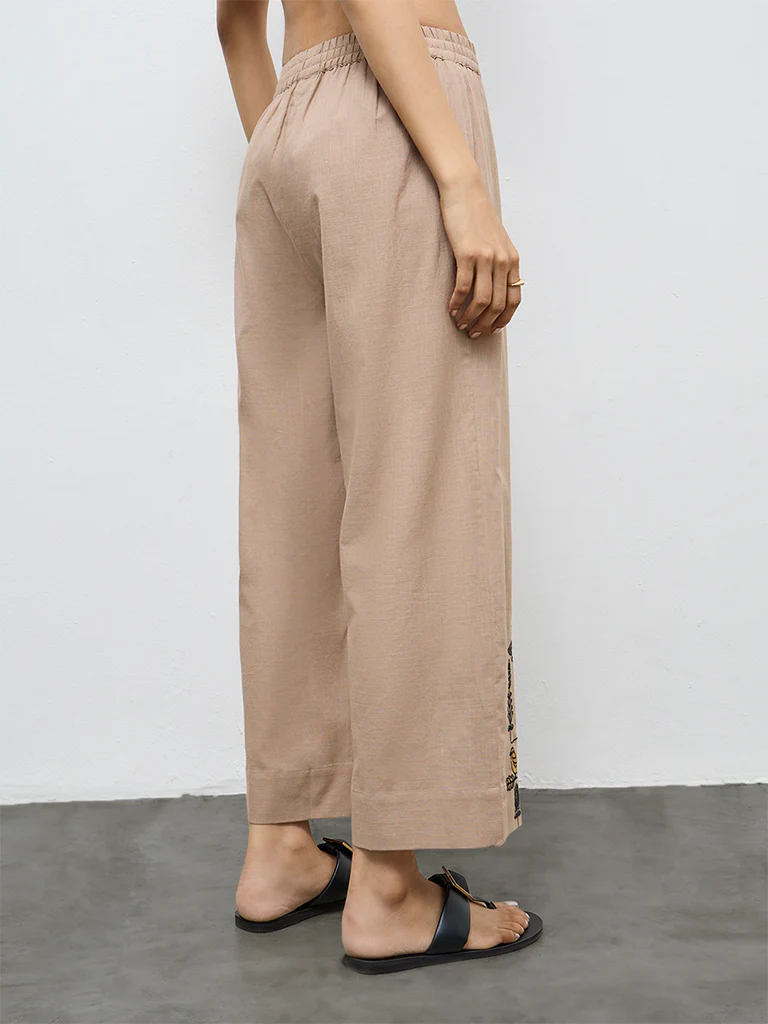 Utsa Beige Embroidered Cotton Pants - Image 4