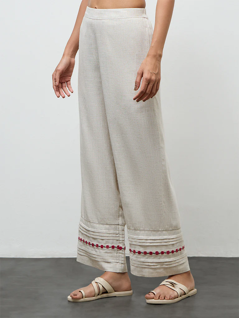 Utsa Beige Embroidered Pants