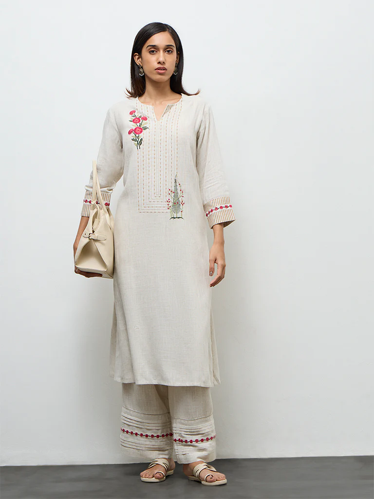 Utsa Beige Embroidered Pants - Image 2